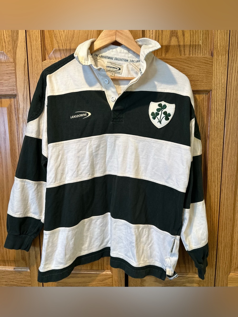 Lansdowne striped four leaf clover Irish rugby polo shirt